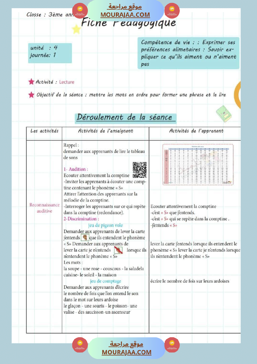 3eme annee fiche pedagogique lecture unite 4 journee 1